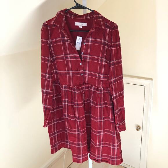 Loft NWT Women's Red Plaid Swing Shirt Dress Size M - Picture 2 of 8